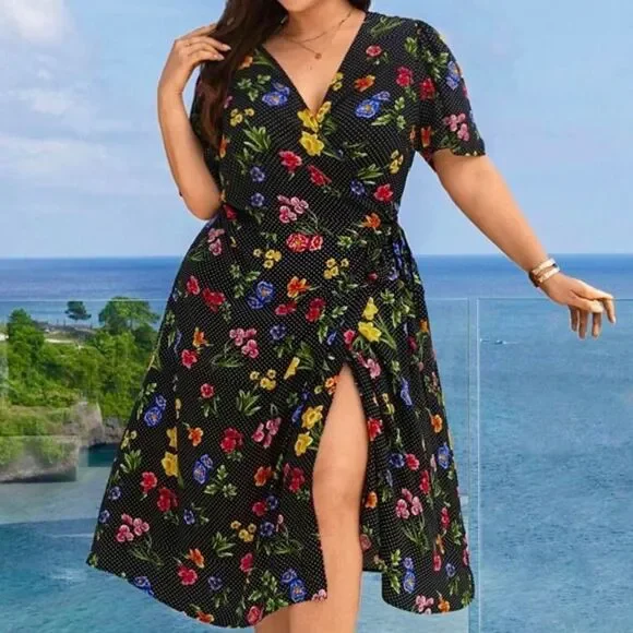 Black Wrap Dress by Shein Curve Frenchy Floral Printed Puff Sleeve Knotted 4X - Picture 6 of 13